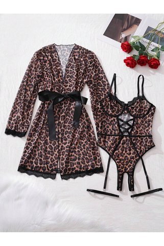 Doğu Collection Kadın Leopar Desen Jartiyerli Bodysuit Sabahlık Gecelik Takım - Sınırlı Üretim
