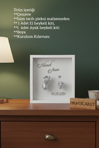 Verda Çerçeve 25x25x7 Cm Bebek El Ayak Heykel Seti ve Beyaz Derin Anı Çerçevesi 3D Heykel Kiti