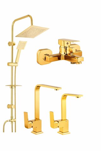 Viosa Gold Altın Yağmurlama Tepe Duş Seti Banyo Mutfak Lavabo 4'Lü Batarya Musluk Seti