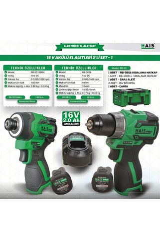 HaisPro Akülü Set - 2'li Profesyonel 16V Akülü Set + 2X2 Ah Çift Akü - RB-03