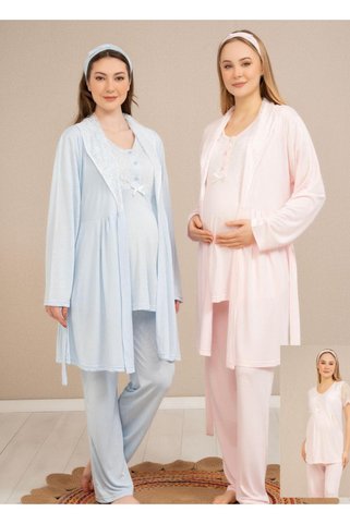 Baha Pembe Renk Dantel Yaka Sabahlık İç Yarım Kol Tesettüre Uygun Sabahlıklı 3 lü Lohusa Pijama Takımı