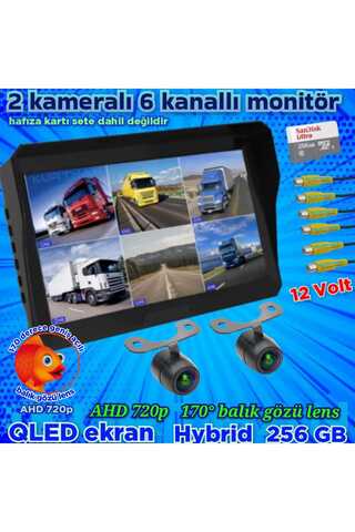 Twogo 2 ADET LEDSİZ AHD 720P BALIK GÖZÜ KELEBEK KAMERA 6 KANALLI QLED 10'' DVR MONİTÖR 12 V 256 GB
