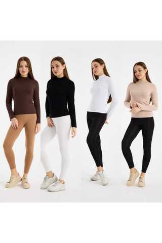KLC Fashion Kadın Siyah Beyaz bej kahve4'lü uzun Kol Body