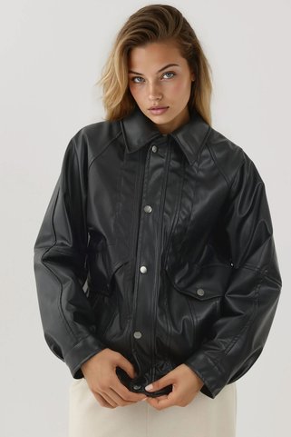 Hiccup Cep Detaylı Oversized Suni Deri Ceket