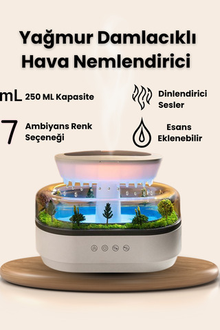 Yussraw Yağmur Damlası Görünümlü Hava Nemlendirici & Aroma Difüzörü - 7 Renk Işıklı Rahatlatıcı Su Sesi