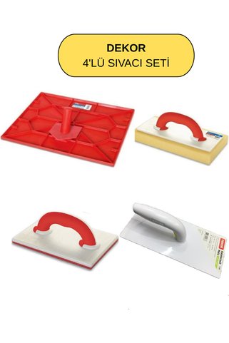 NVT YAPI İNŞAAT DEKOR Sıvacı Seti 4 Parça - Kısa Tirfil + Sıva Küreği + Kaleterasit Mala + Süngerli Mala