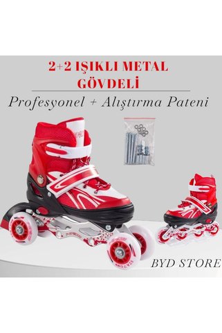 TOPROCKSTORE 2 2 Işıklı Metal Gövdeli Profesyonel Ve Alıştırma Kırmızı Kız Erkek Çocuk Pateni 38-41