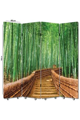 StellaStore Bambu Resimli 4 Kanatlı Oda Bölücü Çift Taraflı Kanvas Paravan