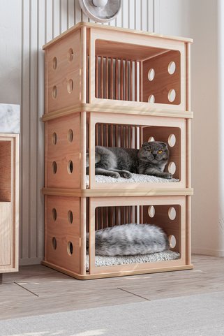 Wooden Studio Ahşap Kedi Evi ve Kafesi | Sehpa Olarak Kullanılabilen Üçlü Kedi Evi, Kedi Oyun Evi ve Kedi Yatağı