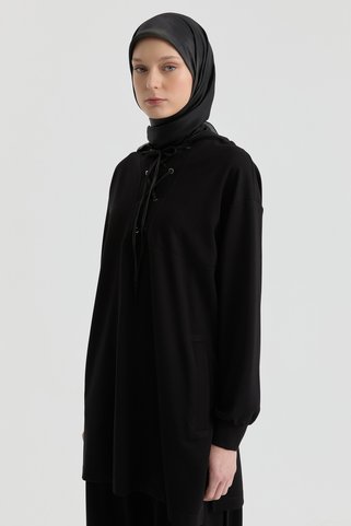 Tuğba Deri Kombinli Örme Sweat - Siyah