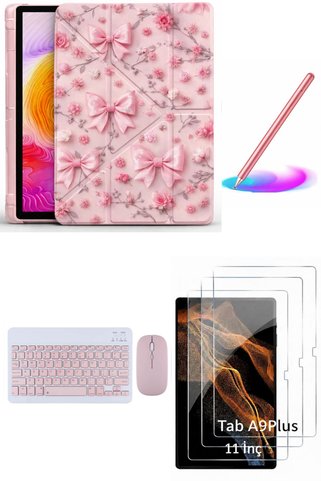 Covpor Samsung Galaxy Tab A9PLUS Trifolding Kılıf+Klavye Mouse+Kalem+Ekran Kor. Çiçek