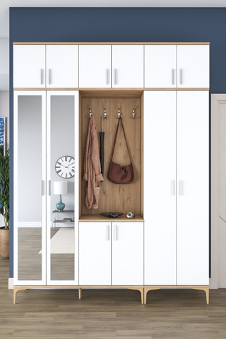 Rani Mobilya Rani EA157 Modern Portmanto 12 Kapaklı Aynalı Raflı Askılı Ayakkabılık Vestiyer Sepet Ceviz - Beyaz