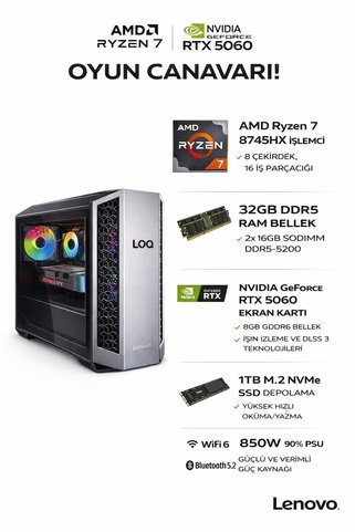 LENOVO LOQ Tower 26ADR10 AMD Ryzen 7 8745HX 32GB 1TB SSD RTX 5060 8GB Fdos Masaüstü Bilgisayar 91DF008PTR