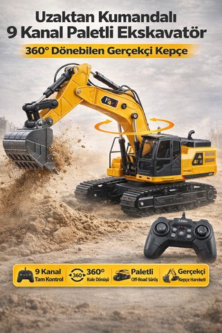 YILDIRIM OYUNCAK Uzaktan Kumandalı 9 Kanal Paletli Ekskavatör Kepçe 40cm | 360° Dönen Gerçekçi RC İş Makinesi Oyuncak