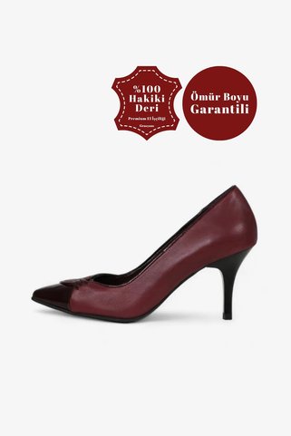 Grasyano Hakiki Deri Bordo Biye Detaylı Yüksek Konforlu Yumuşak Premium Deriden El Işçiliği 7,5 Cm Stiletto