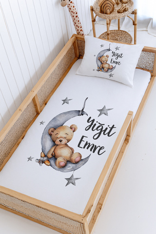 Lilabio %100 Pamuk İsme Özel Montessori Yatak Pike Seti 100x200 Gri Aydaki Ayıcık