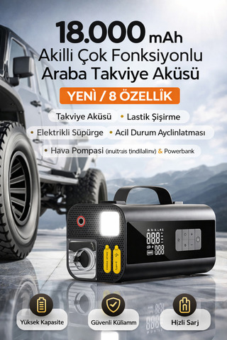 Qifit 18000 mAh Akıllı Çok Fonksiyonlu Araba Takviye Aküsü – Dijital Ekran, LED Işık, USB Çıkış