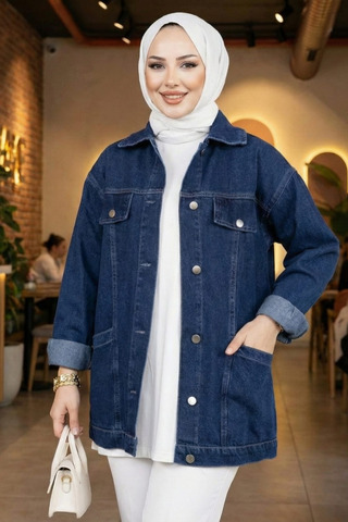 Kadın Cep Detaylı Lacivert Denim Kot Ceket