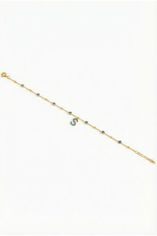 Queen Silver Jewelry 925 ayar gümüş. aquamarin zirkon taşlı (mavi topaz), toplu zincirli, harfli halhal S