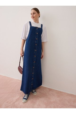 Benin Pamuklu Denim Jile Elbise - Mavi -