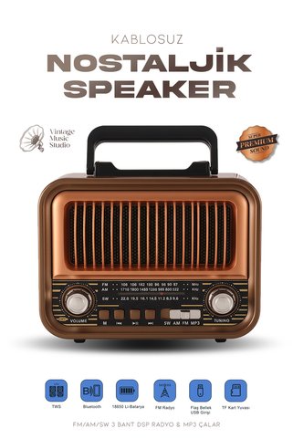 Kensa Ahşap Tasarım Retro Nostaljik Hoparlör Şarj Edilebilir FM/AM/SW Bluetooth Radyo