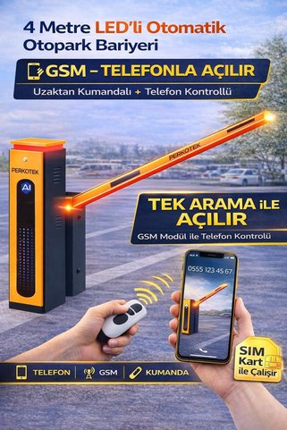 PERKOTEK 4 Metre LED’li Otomatik Otopark Bariyeri | GSM Telefonla Açma | Uzaktan Kumandalı Kollu Bar