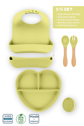 Moki Silikon 5’li Set Pond Yeşil / Mama Önlüğü, Mama Tabağı, Kaşık, Çatal, Diş Kaşıyıcı