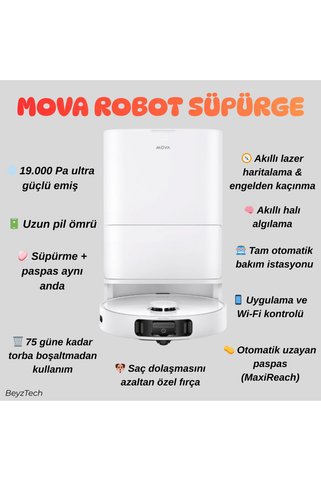 MOVA Kendini Temizleyen İstasyonlu, Güçlü Emişli Paspaslı Robot Süpürge