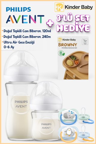 Philips Avent Doğal Tepkili Cam Biberon Seti 120 -240 ml + 0-6 Ay Air Emzik + Beslenme Seti Hediyeli