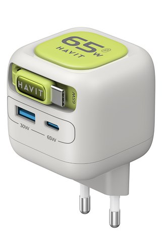Havit UC253 65W GaN Hızlı Şarj Adaptörü Geri Çekilebilir Kablolu PD Type-C - Gri Yeşil