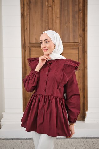 LOCCO Kadın Bel Büzgülü Pile Detay Bisiklet Yaka Gömlek Bordo