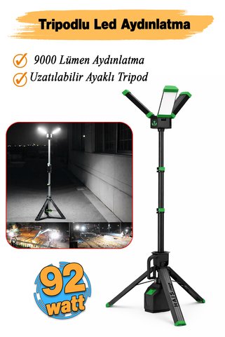 Hais Taşınabilir Tripod Ayarlanır Ayaklı Akülü Led Işıklı Projektör 9000 Lümen 92 W Güçlü Beyaz Işık
