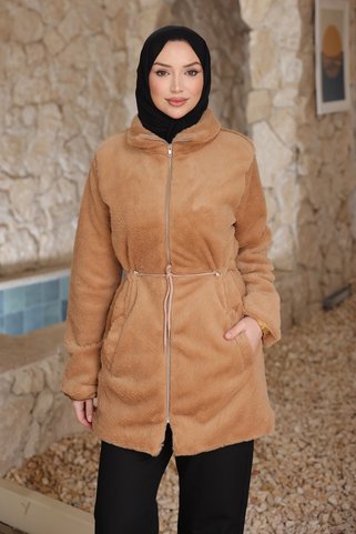 İmajButik Bej Beli İpli Flato Cepli Fermuarlı Peluş Mont