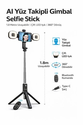 MO DOU 360° Yüz Takipli Gimbal Selfie Stick 1.8m Çift LED Işıklı Tripod Bluetooth Kumandalı Telefon Tutucu