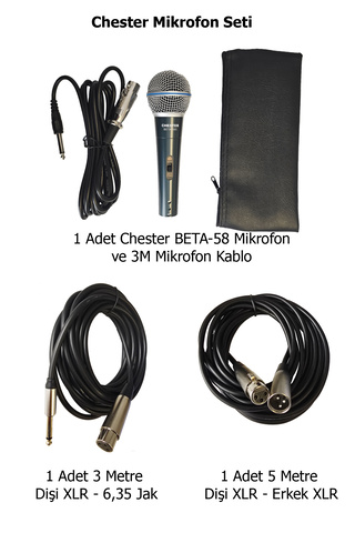 chester Profesyonel Mikrofon ve Uzatma Kablolu Set BETA 58S + 3m Jak Kablo + 5m XLR Uzatma Kablosu