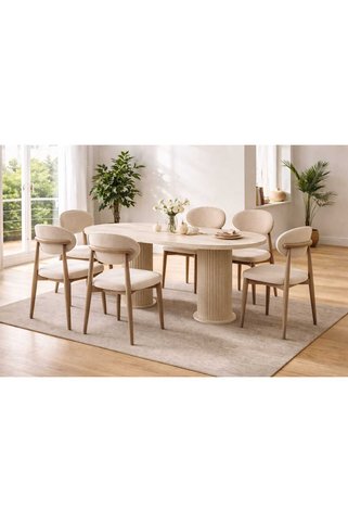 RİGATO ferramente Vivaldi Pearl 6 Kişilik Yemek Odası Takımı Oval Masa Traverten Görünümlü Modern Masa Sandalye Takımı