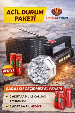 ULTRATEKNO Acil Durum Deprem Paketi Şarjlı Güçlü LED El Feneri + FM Radyo + 2 Adet AA Pil Deprem Çantası Seti