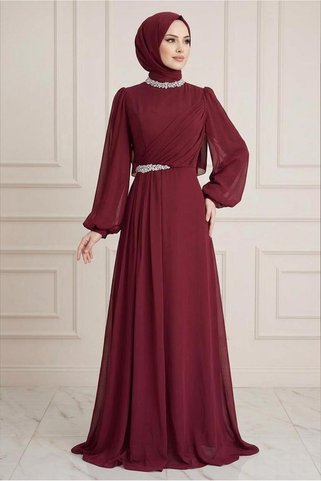 TRENDTESETTÜR KADIN BORDO TAŞ DETAYLI ŞİFON ABİYE ELBİSE T 6363