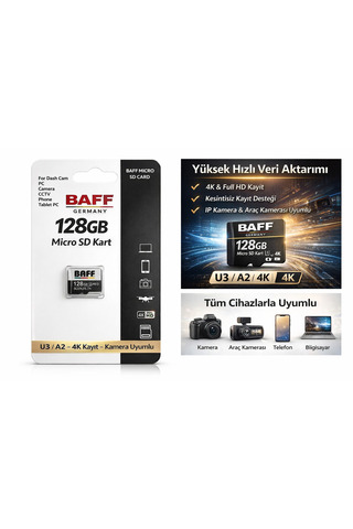 BAFF GERMANY 128GB Micro SD Kart U3 A2 4K Destekli Yüksek Hızlı Hafıza Kartı