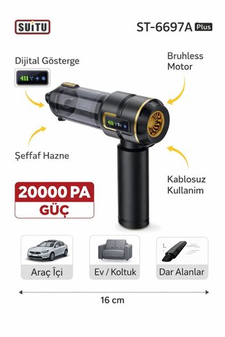 suitu ST-6697APLUS KABLOSUZ TAŞINABİLİR ARAÇ İÇİ EL SÜPÜRGESİ 20000PA ÇOK AMAÇLI