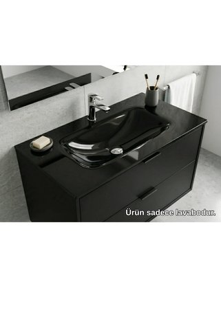 Vetrola Siyah Krokan Cam Lavabo Batarya Delikli 80X46 cm