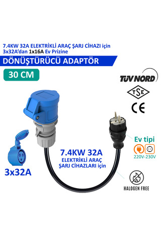 hgsşarj 30cm, 3x32A 220V CEE ile Çalışan Cihazınızı, 220V Ev Tipi Prize Bağlamayı Sağlar