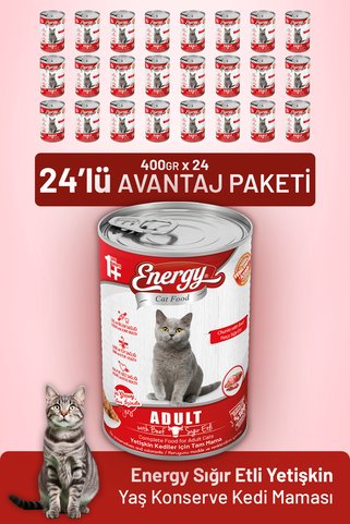 cat food energy Sığır Etli Yetişkin Yaş Kedi Maması 400 g - 24 Adet