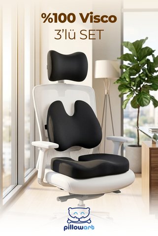 PİLLOWART Ergonomik Visco Çalışma Koltuğu Minder Seti – Anatomik Boyun Sırt Bel ve Oturma Desteği 3’lü