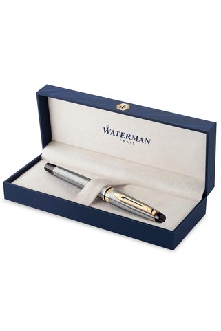 Waterman Expert Paslanmaz Çelik Altın Tasarımlı Dolma Kalem, Orta Kalınlıkta Uç, Mavi Mürekkep