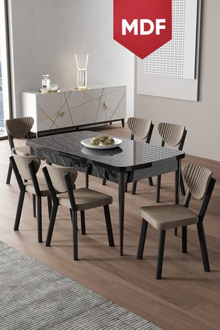 Canisa Exve Serisi 80x132 MDF Açılabilir Siyah Mermer Desen Masa Takımı ve 6 Cappucino Sandalye