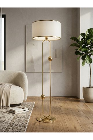 VENÜS NOVA SCEPTRUM GOLD METAL LAMBADER | BEYAZ GOLD ŞERİT KUMAŞ BAŞLIK SALON LAMBASI | AYAKLI AYDINLATMA