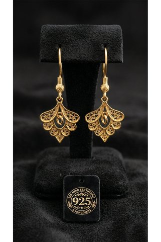 Roza Silver 925 Ayar Gümüş Geleneksel El İşçiliği Telkari Altın Kalplama Tavus Kuşu Tüyü Minimal Küpe