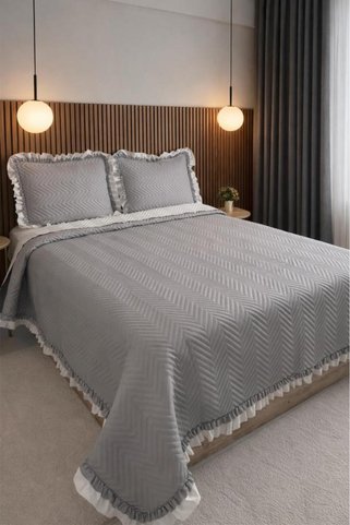 Çeyiz Diyarı Gonca Çift Taraflı Çift Kişilik Yatak Örtüsü 230x250 Gri