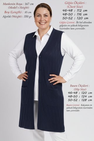 Laden Büyük Beden Kadın Çok Özel Triko Mevsimlik İnce Uzun Anne Lacivert Yelek